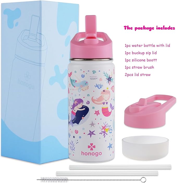16 oz Stainless Steel Insulated Kids Water Bottle, Leak Proof Metal Thermal Flask with Straw lid, Cute Toddler Tumbler Cup for School Girls & Boys (White, Mermaid)