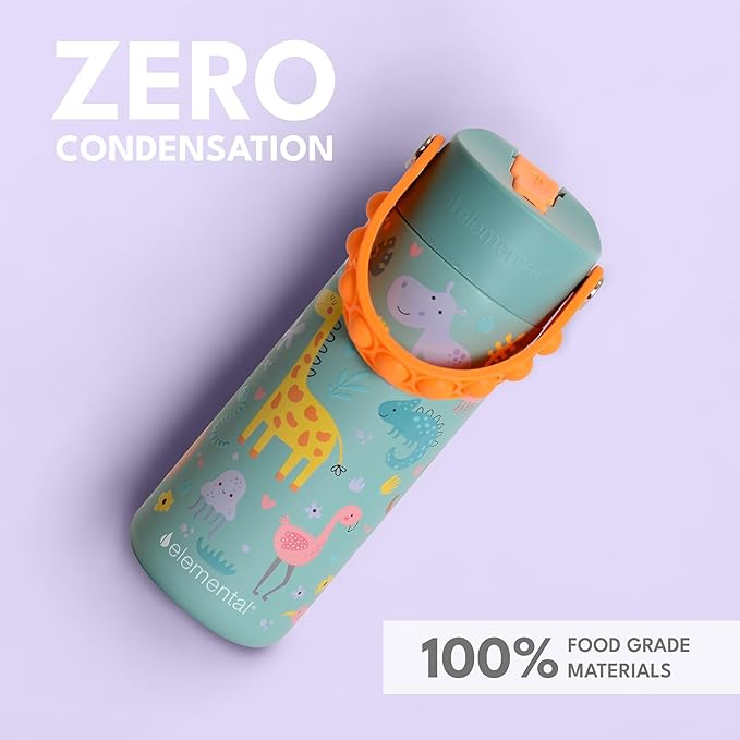 Elemental Insulated Kids Water Bottle, Stainless Steel Water Bottle with Straw Lid & Pop-It Handle, Leak-Proof Water Bottles for School, Boys or Girls, Travelling and Sports, 18oz - Safari