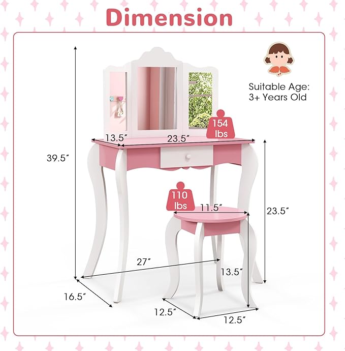 HONEY JOY Kids Vanity, Toddler Wooden Makeup Vanity Table & Chair Set, Tri-Fold Princess Mirror, Little Girls Vanity Set with Mirror and Stool (Pink)
