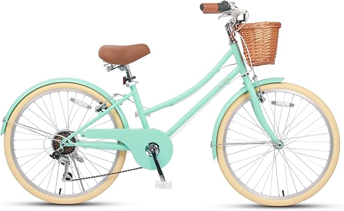 Glerc 20 24 26 Inch Beach Cruiser Bike, 6-Speed Hybrid City Bicycle for Girls Youth and Over 6 Years Old, Missy Bike with Wicker Basket & Lightweight, Multiple Colors