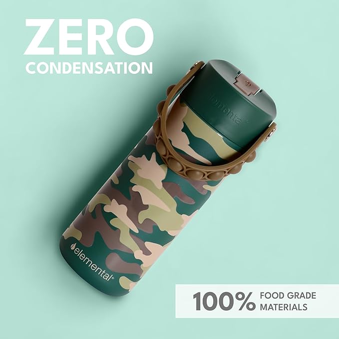Elemental Insulated Kids Water Bottle, Stainless Steel Water Bottle with Straw Lid & Pop-It Handle, Leak-Proof Water Bottles for School, Boys or Girls, Travelling and Sports, 18oz - Green Camo