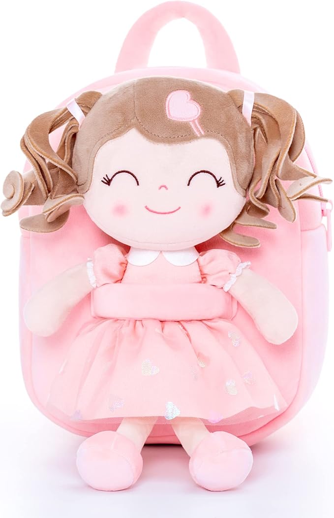 Gloveleya Toddler Backpack Baby Girl Gifts Plush Bag Diaper Bag with Spring Girls Doll Curly Hair Girl Toys with Love Pink