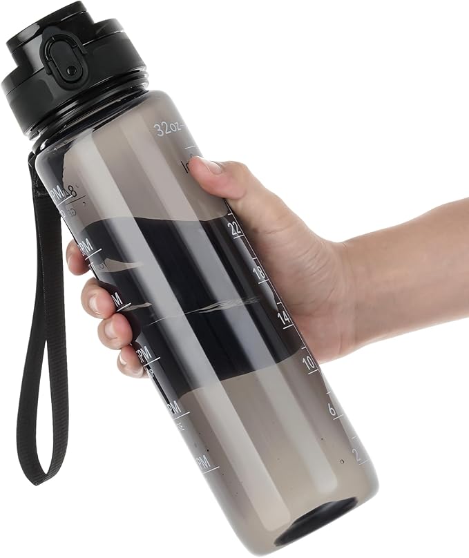 OLDLEY Water Bottle 32oz, Durable and Leakproof Water Bottles Motivational with Time Marker, Tritan, BPA Free, Wide Mouth, Gym, Travel, Home, School, Office, Clear Black (1 Bottle)