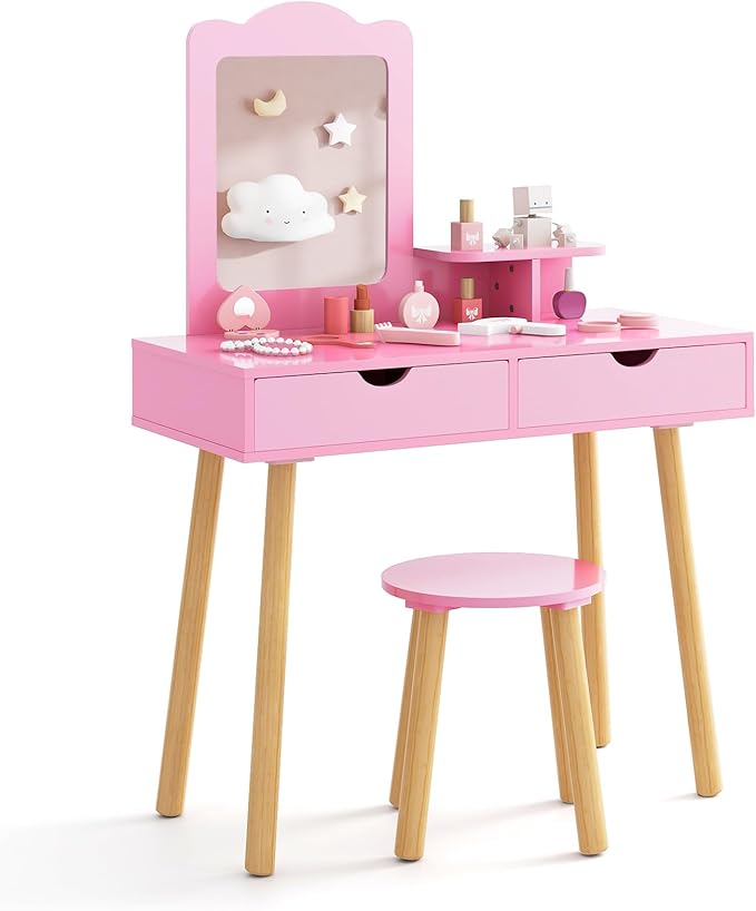 Costzon Kids Vanity Set, Girls Vanity Set with Mirror and Stool, 2 Large Drawers, Storage Shelf, Wooden Princess Makeup Dressing Table, Vanity Table and Chair Set for Toddlers (Pink)