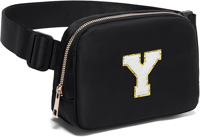 Gitus Birthday Gifts for 8 9 10 11 12 13 Year Old Girls Personalized Fanny Pack Crossbody Bags with Initial Letter Patch Belt Bag for Teen Girls Cute Trendy Stuff Travel Essentials (Black-Y)