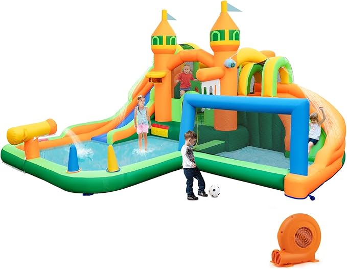 BOUNTECH Inflatable Water Slide, 9 in 1 Dual Slides Kids Water Park Jump Castle Water Soccer, Splash Pool, Water Slides Inflatables for Outdoor, Backyard Water Slide Bounce House with GFCI Blower