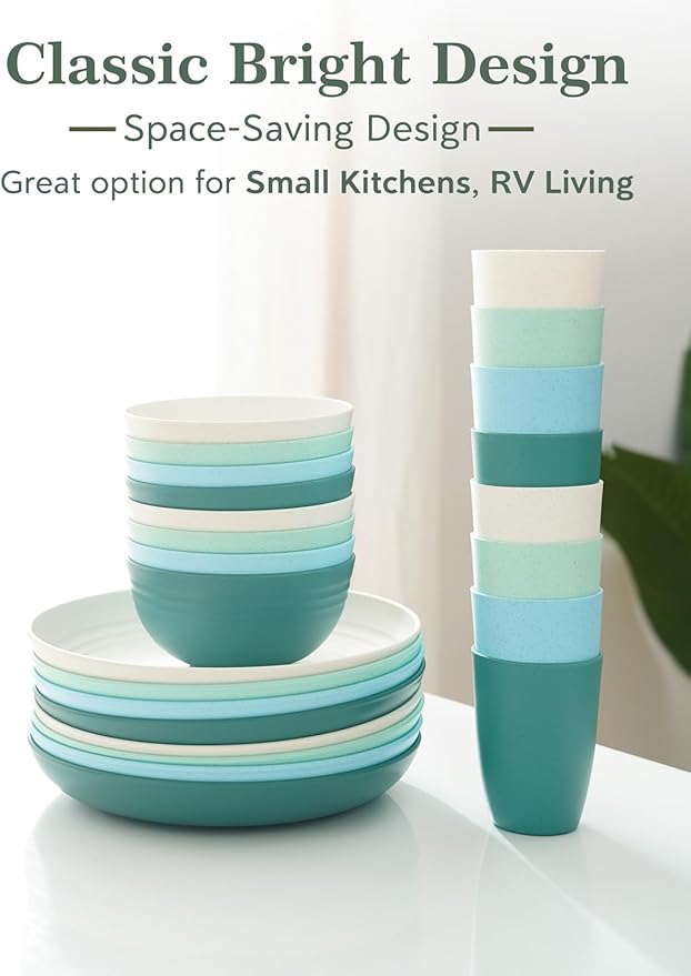 12 OZ Wheat Straw Cups Reusable Drinking Tumblers, Unbreakable Cups for Kitchen - BPA Free, Dishwasher Safe, Set of 8, Ombre Green