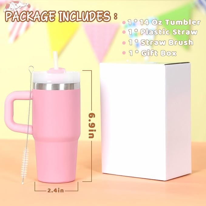 Cosictic 14 Oz Tumbler with Handle and Straw for Kids, Stainless Steel Double Wall Vacuum Insulated Cup for Children, 14 Oz Cups for Kids (Pink)