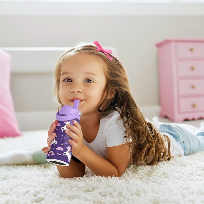 SANDJEST Kids Water Bottle with Straw Lid, Pack of 2 Insulated 12 Oz Stainless Steel Water Bottles for Girls, Travel Cup for School Sports, Cat - Unicorn