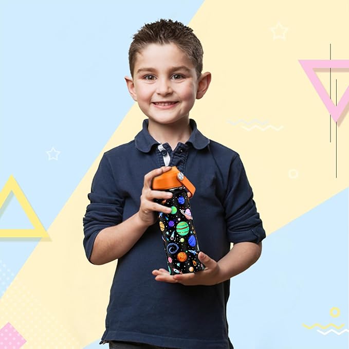 18oz Kids Insulated Water Bottle with Straw Lid - 18/8 Stainless Steel Kid Cup BPA-FREE Travel Tumbler Double Wall Vacuum Leak Proof Portable Toddler Water Bottle (Space)