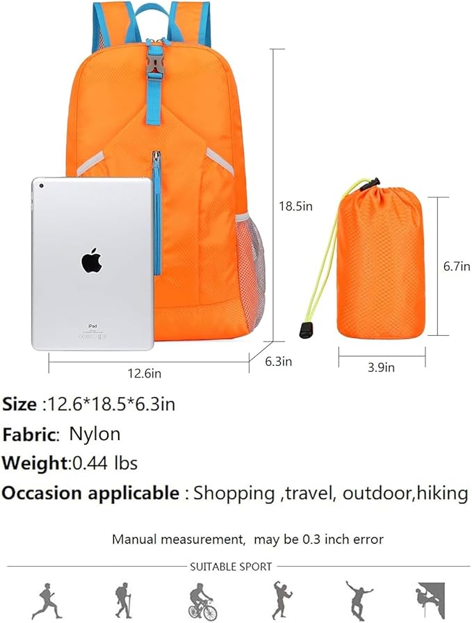 25L Foldable Hiking Backpack Lightweight Packable Basic-Daypack Collapsible Bag Water-Resistant Travel Men Women Camping Cycling Outdoor (Orange)