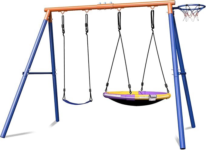 4-in-1 Swing Sets with Stand for Backyard, 440lbs Outdoor Saucer Swing Set for Kids, Heavy-Duty A-Frame Metal Playset for Playground, 32 inch Saucer, Belt Swing, Basketball Hoop, Led Light & Anchors