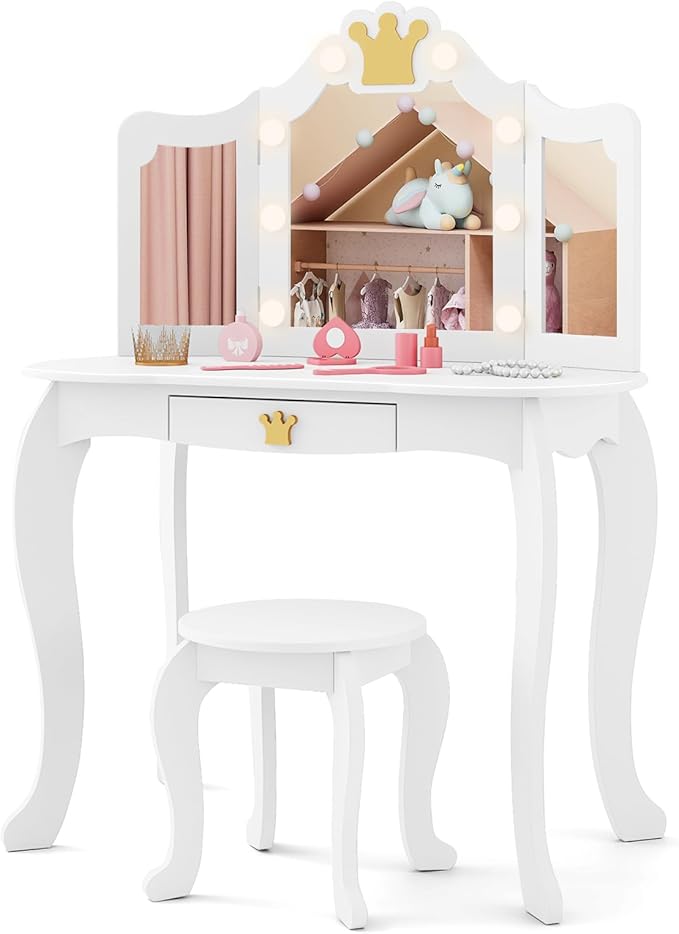 Costzon Kids Vanity with Lights, Girls Vanity Set with Mirror and Stool, Drawer, 2 in 1 Princess Makeup Desk Dressing Table, Kids Vanity Table and Chair Set (White)