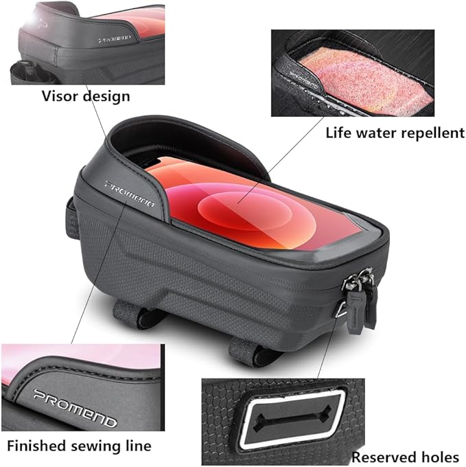 Waterproof Bike Frame Bag - MTB/Road Bike Top Tube Phone Holder for Phones Under 7", Universal Bicycle Phone Pouch with Rain Cover & Shockproof Design, Commuter Cycling Accessories