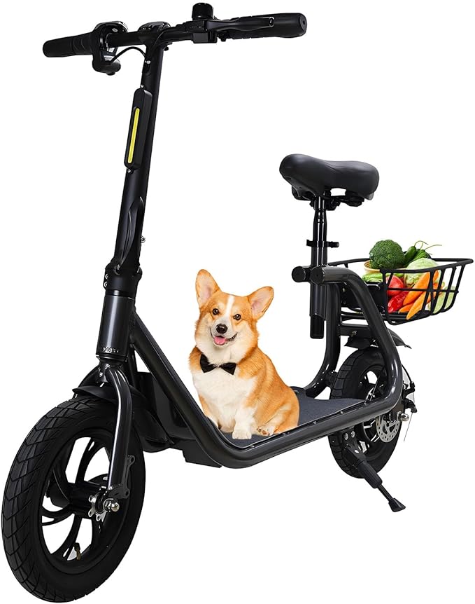 Electric Scooter with Seat & Basket, 350W Motor 12inch Tire Foldable E-Scooter Dual Disc Brakes 260LBS Max Load