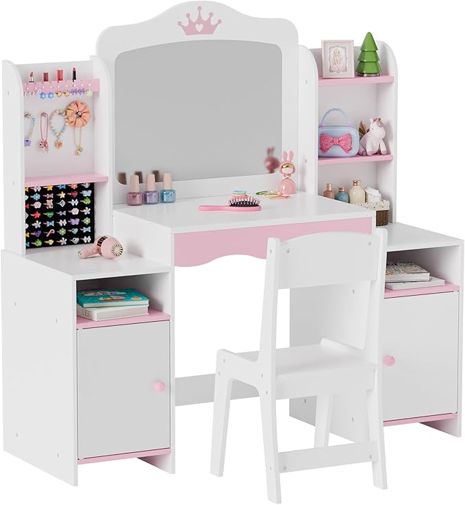 MU Kids Vanity, Girl Vanity Set with Mirror and Stool, 2 in 1 Toddler Makeup Vanity Table with Jewelry Storage, Wooden Princess Makeup Desk Dressing Table for Little Girls, (White)