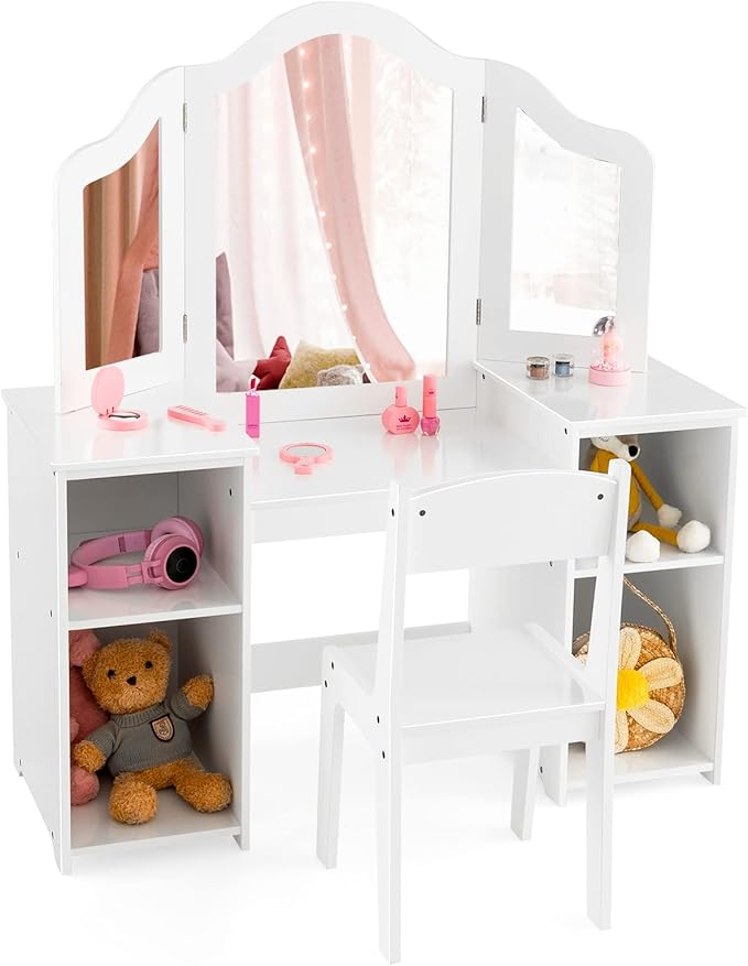 Costzon Kids Vanity, 2 in 1 Princess Makeup Desk & Chair Set with Detachable Tri-Folding Mirror, Storage Shelves, Wooden Toddler Vanity Dressing Table, Vanity Set for Little Girls (White)