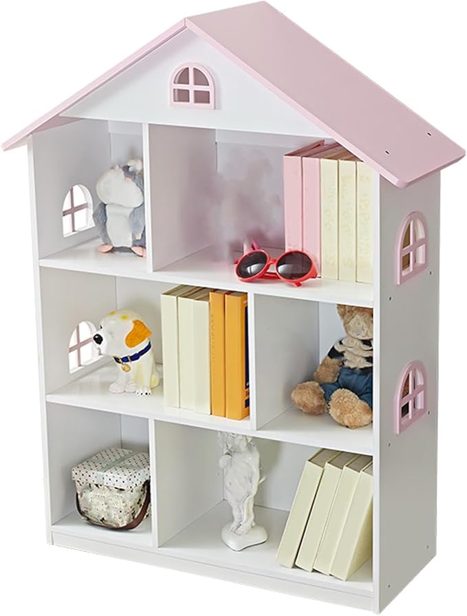 Wooden Dollhouse Bookshelf 4-Tier Kids Bookcase, Toy Storage Organizer & Playhouse with 6 Compartments for Girls Boys, Pink and White Room Furniture for Bedroom Playroom