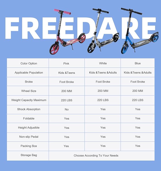 FREEDARE Kick Scooter for Kids & Adults Ages 8+, Foldable Teen Scooter with 2 Big 8-inch Wheels and 4-Level Adjustable Handlebar, Max Load 220 LBS