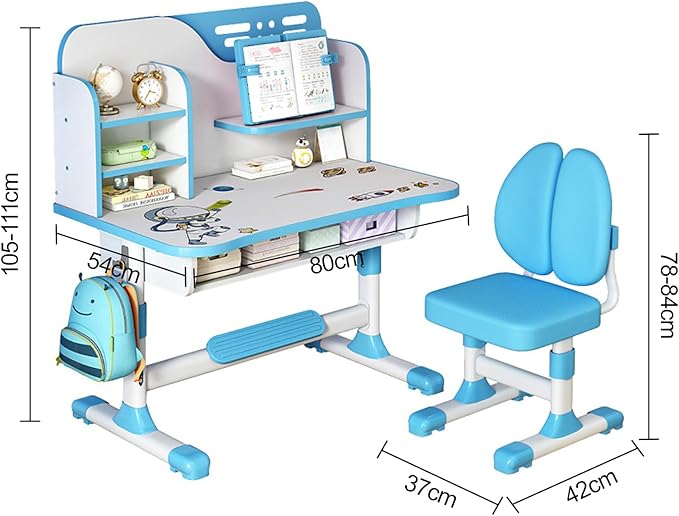 Kids Desk and Chair Set for 6-12, Hight Adjustable Study Table, Table for Kids with Bookshelf and Drawers, Bedroom Desk for Boys and Girls (Blue)