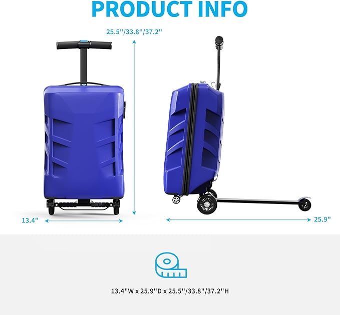 Scooter Suitcase 3-D Hardshell Ride Scooter Luggage for Kids Age 7-15, Cute Lightweight Kids Luggage with Wheels, Girls&Boys Multifunctional Ride On Travel Trolley Scooter Combo-Blue