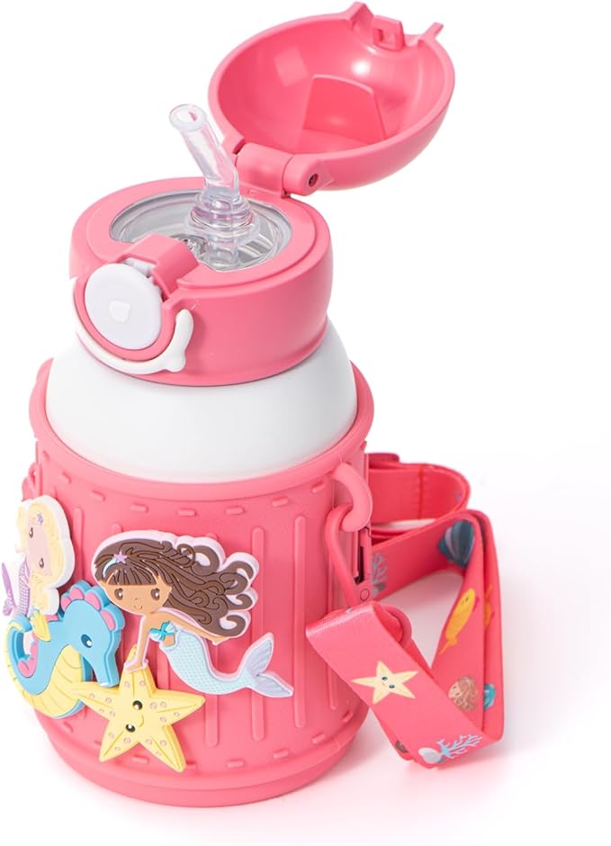 Kids Insulated Tumbler Set – 16 oz Stainless Steel Bottle with 2 Lids (Straw + Pour), Screw-On Cup, Adjustable Strap, Silicone Sleeve + 8 Charms – BPA-Free, Gift-Ready (Mermaid)