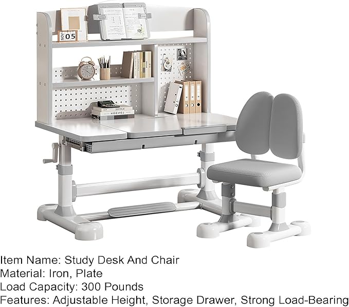 Upgraded Kid's Desk and Chair Set, Adjustable Children's Study Table with Bookshelf and Storage Drawer, 50-Degree Tiltable Desktop with Chair for Bedroom (Grey 125cm)