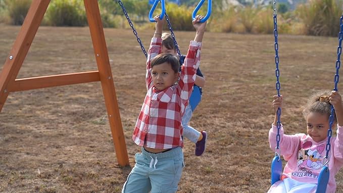 Dolphin Playground Wooden Swing Sets for Backyard, Family DIY Kit for Any Swings, Outdoor Playset for Kids with Trapeze Swing Bar and 2 Belt Swings, Heavy Duty Playground Accessories, Ages 3-10