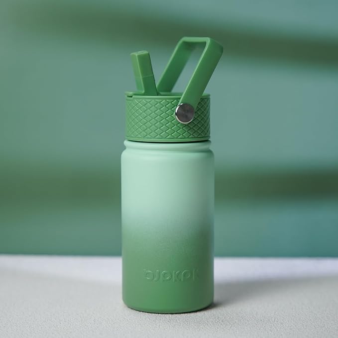 BJPKPK Insulated Water Bottle with Straw Lid, 15oz Cute Water Bottles, Stainless Steel Metal Thermo, Reusable BPA Free Leak Proof Tumblers, Cups,Forest Green