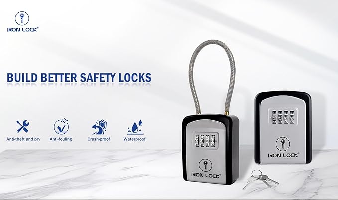 Iron Lock® Portable Key Lock Box with Removable Cable Shackle Indoor Outdoor Waterproof 4 Digit Combo Resettable Code with A B Switch Key Lockbox for Outside Spare Keys for Realtors (Small, Grey)