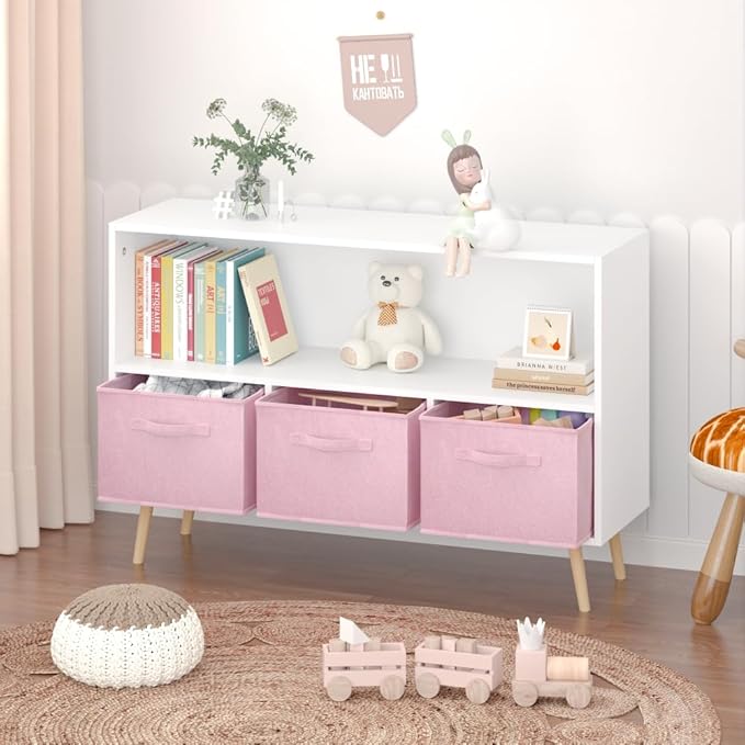 2-Tier Bookcase Bookshelf with Collapsible Fabric Drawers,Cute Book Display Storage Cabinet Organizer for Playroom Livingroom (White+Pink)