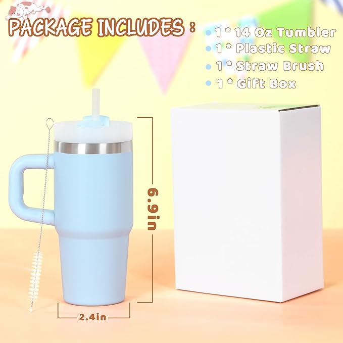 Cosictic 14 Oz Tumbler with Handle and Straw for Kids, Stainless Steel Double Wall Vacuum Insulated Cup for Children, 14 Oz Cups for Kids (Sky Blue)