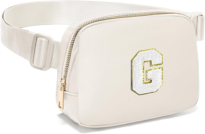 Gitus Birthday Gifts for 8 9 10 11 12 13 Year Old Girls Personalized Fanny Pack Crossbody Bags with Initial Letter Patch Belt Bag for Teen Girls Cute Trendy Stuff Travel Essentials (Ivory-G)