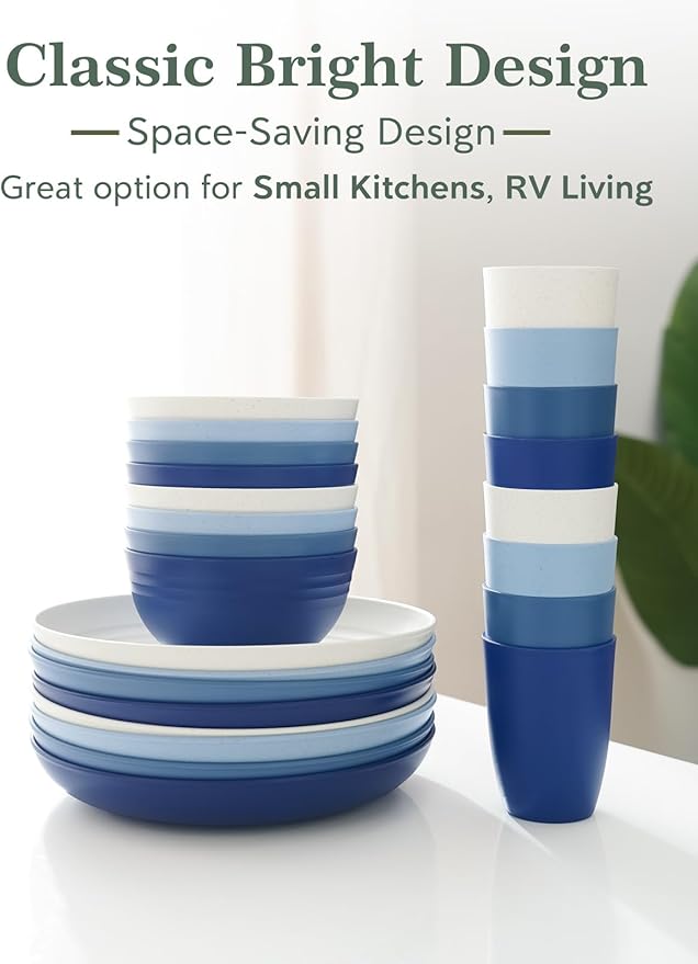 12 OZ Wheat Straw Cups Reusable Drinking Tumblers, Unbreakable Cups for Kitchen - BPA Free, Dishwasher Safe, Set of 8, Ombre Blue