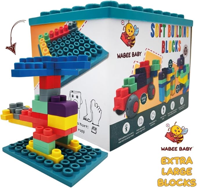 Big Soft Building Blocks for Toddlers 1-3 Year Olds - 40-Pieces Mega Blocks with Baseboard for Sensory & Motor Skills - STEM Large Squishy Rubber Blocks for Babies - Montessori Stacking Baby Toys