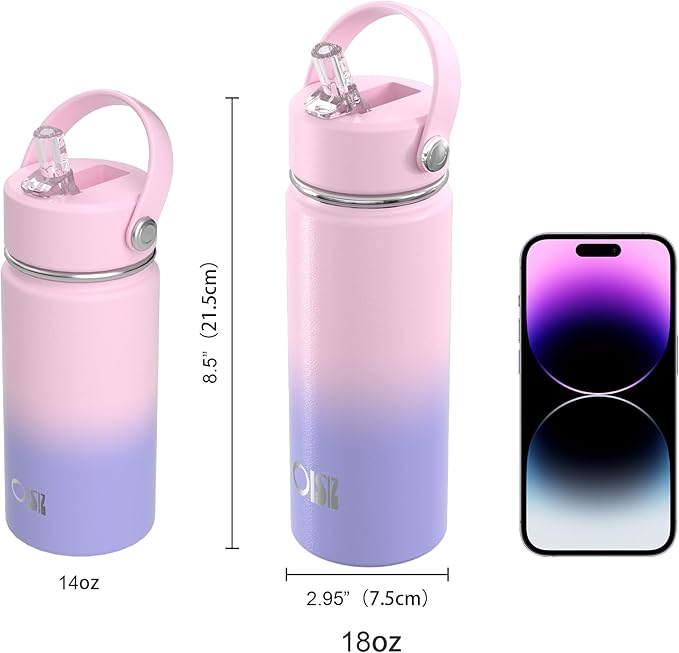 OISIZ 18oz Kids Water Bottle with Straw Lid, Vacuum Insulated Water Bottle 316 Stainless Steel Bottles for Kids for School, Leakproof Water cups, BPA Free and Keep Cold for 24 Hours,Easy to Clean