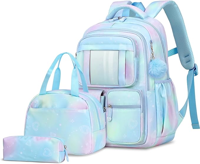 Tanou Backpack with Lunch Box for Girls, Kawaii Set School Bag for Kid Elementary Middle School, Aesthetic Laptop Bookbag Lightweight, Blue
