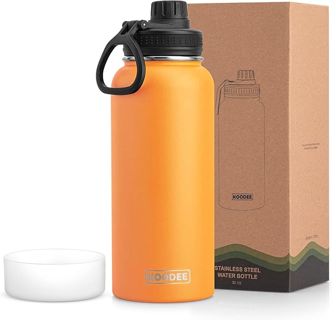 koodee Insulated Water Bottle, 32 oz Stainless Steel Double Wall Vacuum Wide Mouth Sport Bottle with Leakproof Spout Lid (Cosmic Orange)