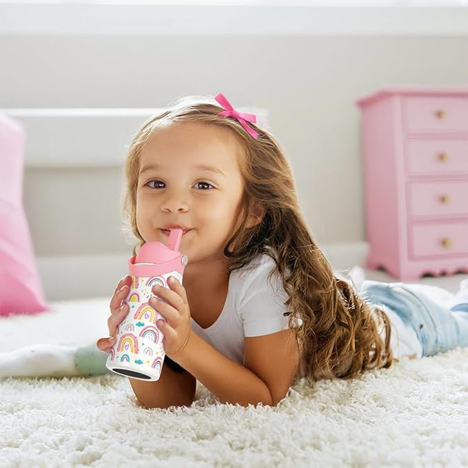 SANDJEST Kid Water Bottle 12oz with Straw Lid - 2-Pack Insulated Stainless Steel Water Bottles for Kids Girls - Travel Cup for School Sports, Rainbow & Mermaid