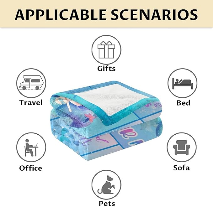 Personalized Mermaid Blanket with Name - Soft, Fuzzy & Warm - 40"x50" Small Blanket for Couch, Sofa - Blue Cute Throw Gifts for Girls