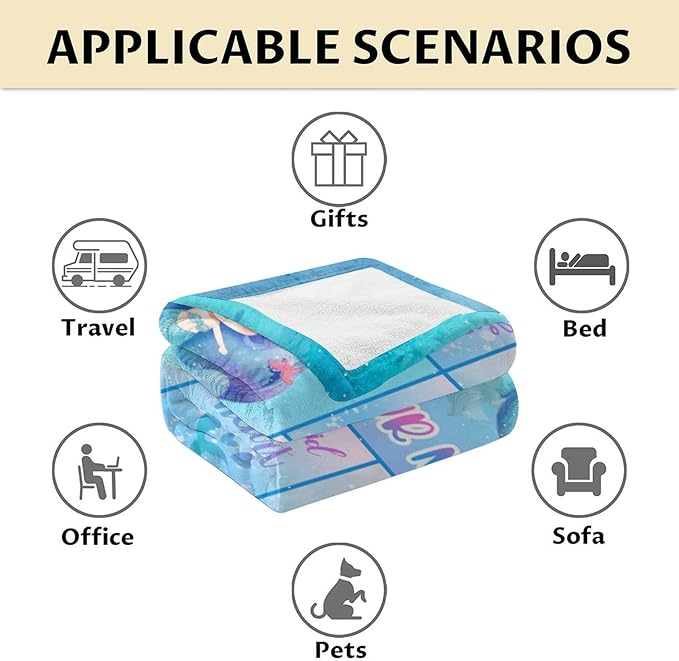 Personalized Mermaid Blanket with Name - Soft, Fuzzy & Warm - 60"x80" Twin Size Blanket for Bed, Couch & Living Room - Blue Cute Throw Gifts for Girls