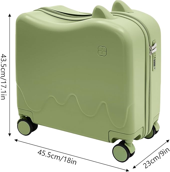 18" Children's Ride On Trolley, Ride-on Travel Suitcase, Cute Ear Toddler Carry on Luggage with Spinner Wheels, Children Rolling Trolly Luggage, Boys Girls Travel Suitcase with Lock (Olive Green)
