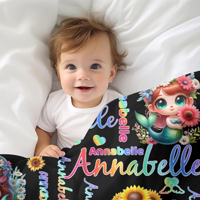 Custom Girl Blanket with Name Personalized Cute Pink Princess Blanket for Newborn Customized Soft Flannel Throw Blanket Memorial Gift for Toddler on Birthday Baby Shower Christmas (Mermaid-4)