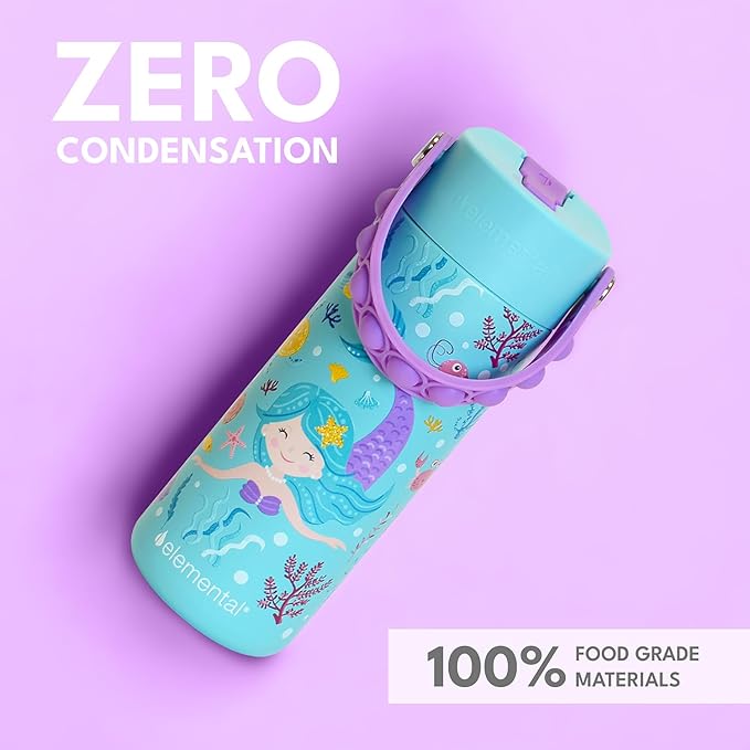 Elemental Insulated Kids Water Bottle, Stainless Steel Water Bottle with Straw Lid & Pop-It Handle, Leak-Proof Water Bottles for School, Boys or Girls, Travelling and Sports, 18oz - Mermaid