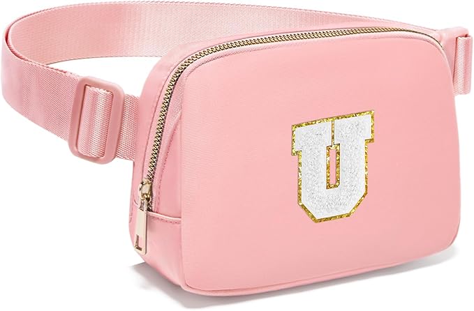 Gitus Birthday Gifts for 8 9 10 11 12 13 Year Old Girls Personalized Fanny Pack Crossbody Bags with Initial Letter Patch Belt Bag for Teen Girls Cute Trendy Stuff Travel Essentials (LightPink-U)