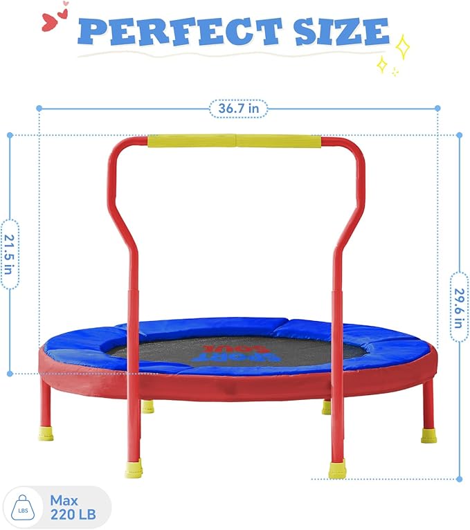 Mini Trampoline for Kids 3-6 with Super Safe Foam Handle Bar, 3ft Toddler Trampoline Indoor with No-Gap Cover for Indoor and Outdoor