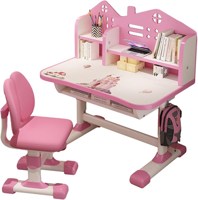 Kids Ergonomic Desk and Chair Set, Height Adjustable School Study Table with Bookshelf, Drawer and Spine Support Backrest, Kids Desk and Chair for Bedroom&Study Room (Pink)