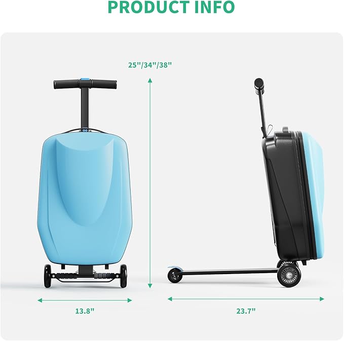 Scooter Hardshell Kids' Luggage, Foldable Carry on Kids Suitcase with Telescopic Handle for Travel, Multifunctional Ride On Lightweight Luggage with Wheels, Light Blue