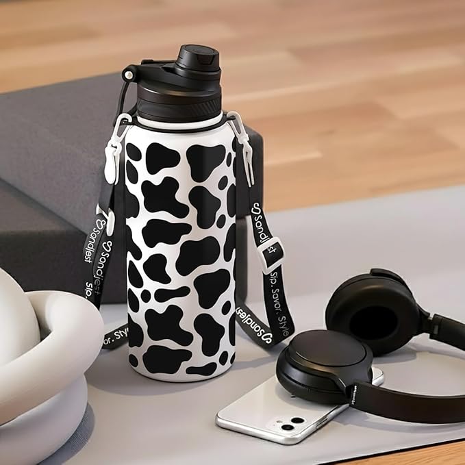 SANDJEST Cow Skin Stainless Steel Water Bottle with Strap 32oz, Insulated Bottles with Straw and Spout Lid for Gym Sports Travel Outdoor, Gifts for Women Girls Birthday Christmas