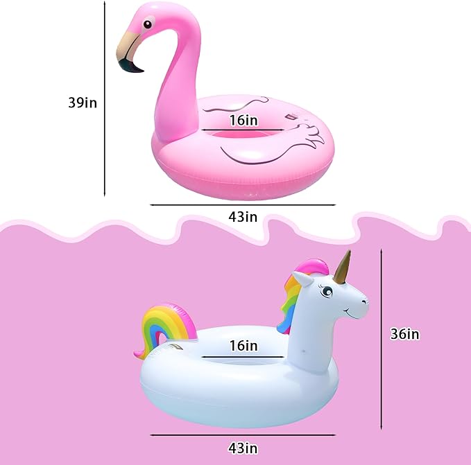 PARENTSWELL 43'' Inflatable Unicorn Flamingo Pool Floats, 2 Pack Pool Tube Floaties Swim Rings with 2 Beach Balls, Inflatable Pool Raft Tubes for Adults